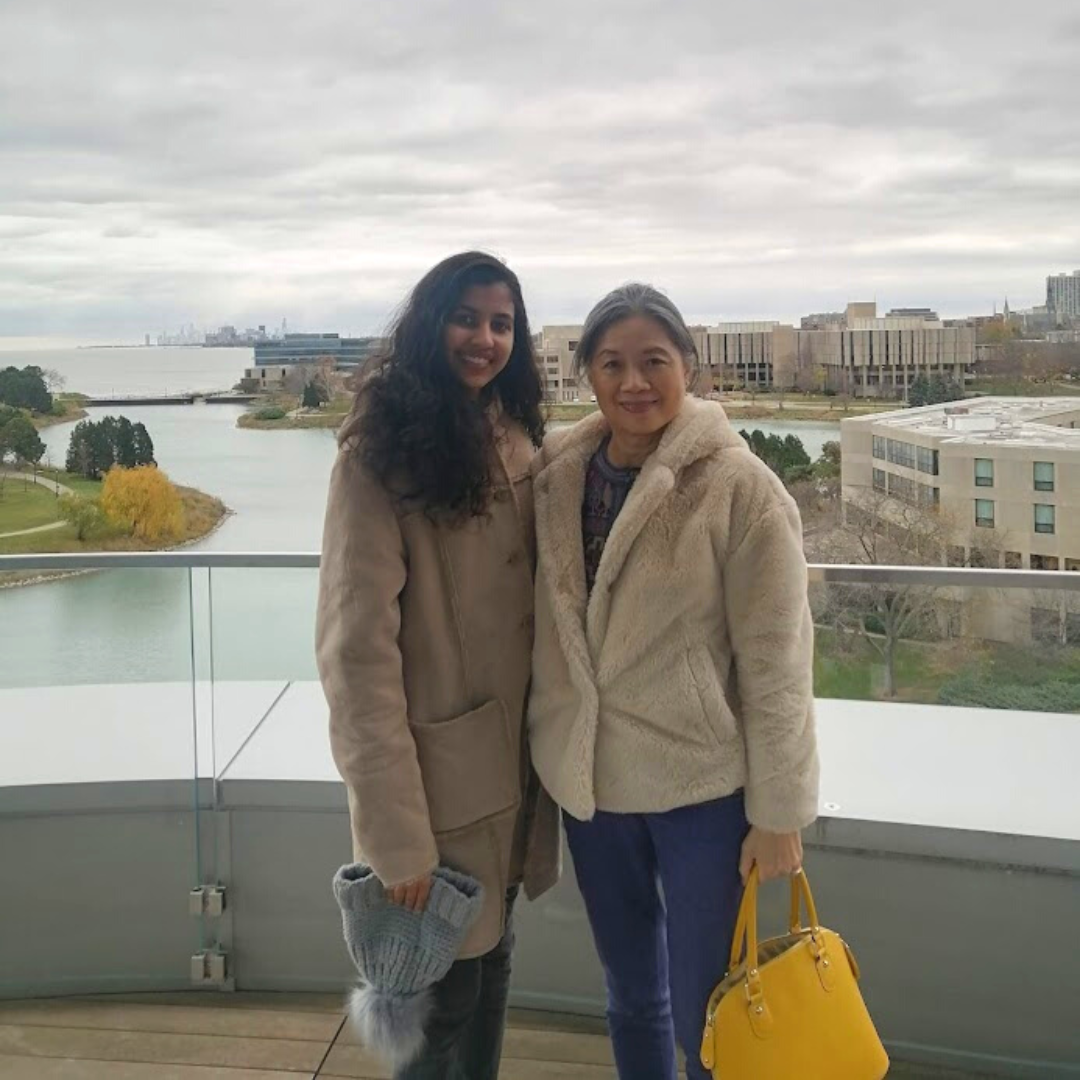 Mentor Prof Angela Y. Lee (right) with Mentee Vismaya Pillai (BSc) (left) in front of Lake Michigan at Northwestern University